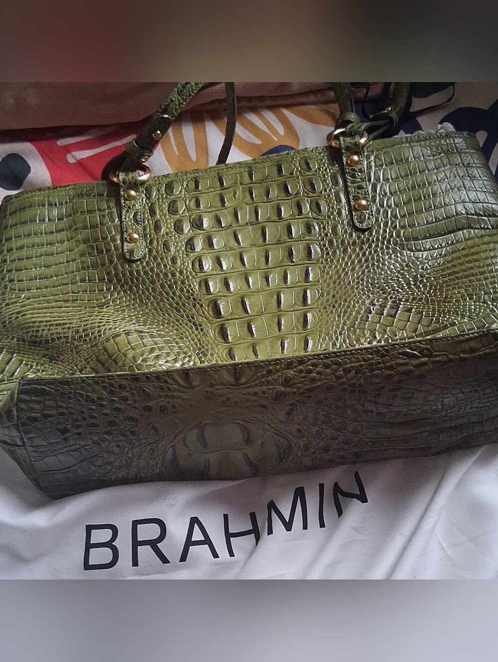 Brahmin Olive Green Croc-Embossed Tote with Gold Hardware